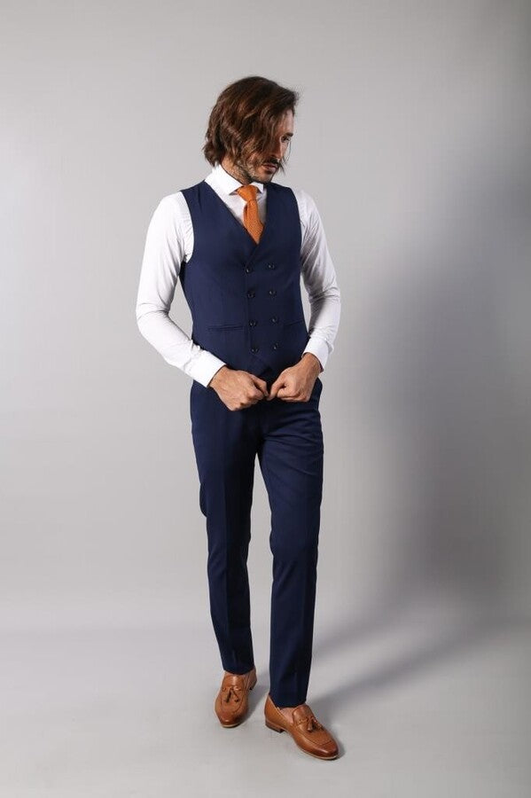 Navy Blue Self-Patterned Vested Suit | Wessi