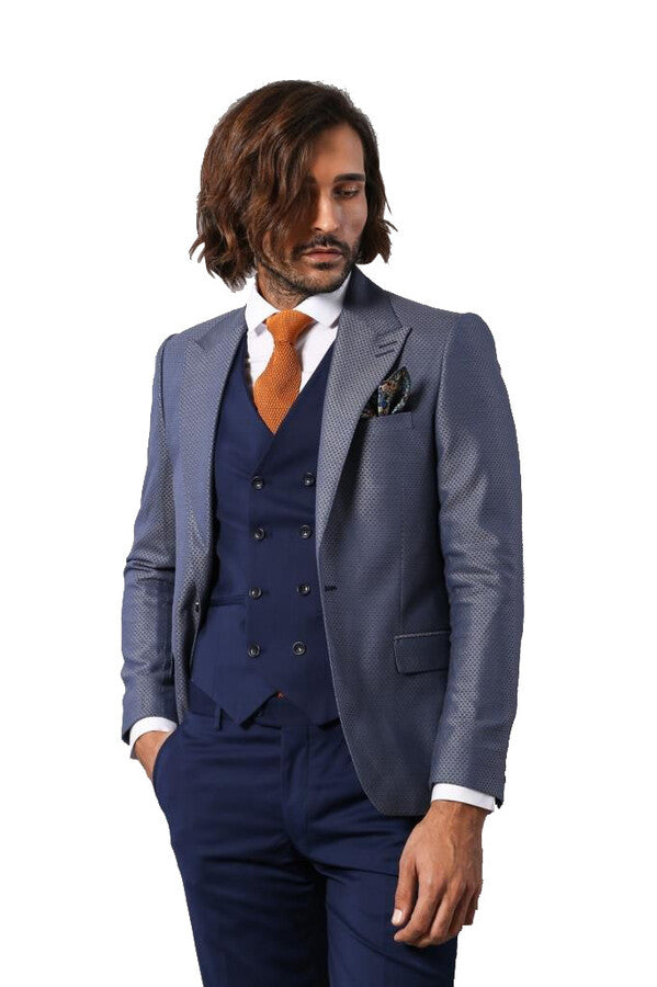 Navy Blue Self-Patterned Vested Suit | Wessi