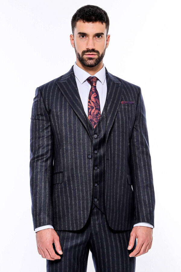 Traje ajustado con chaleco y rayas azul marino para hombre - Wessi