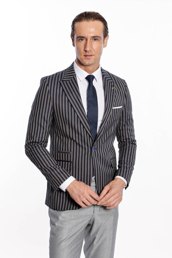 Navy Blue Striped Slim-Fit Blazer - Wessi