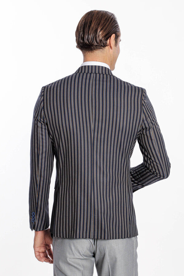 Navy Blue Striped Slim-Fit Blazer - Wessi