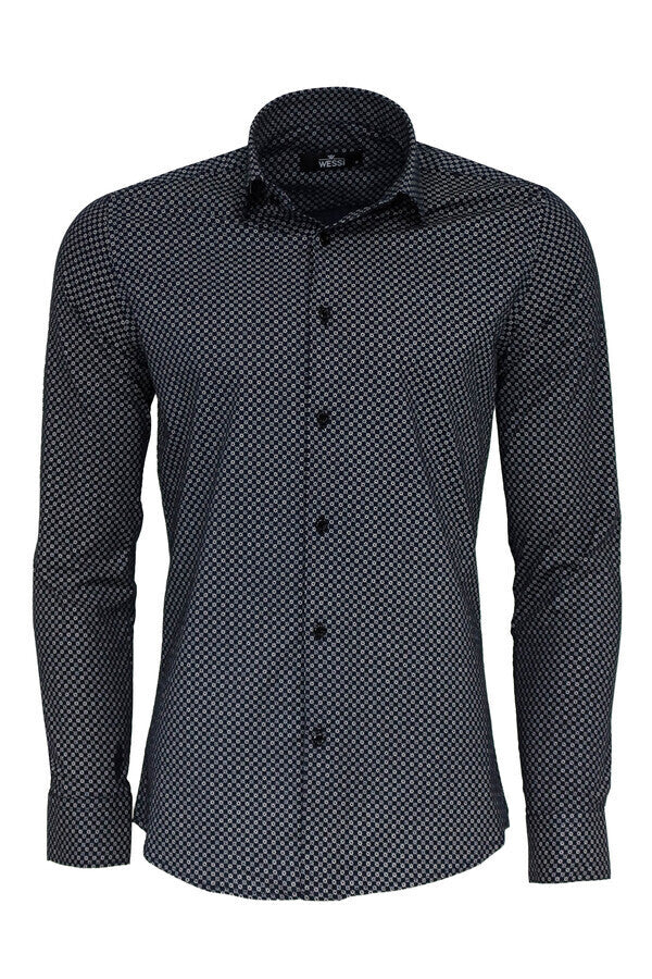 Navy Blue Tiny Check Patterned Slim Fit Shirt - Wessi