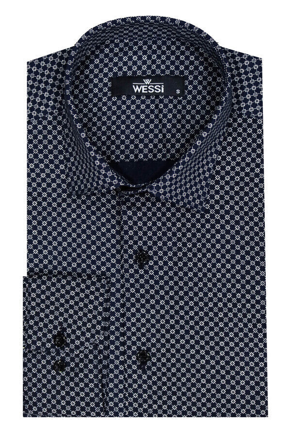 Navy Blue Tiny Check Patterned Slim Fit Shirt - Wessi