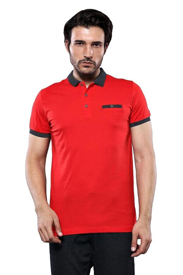 Navy Detailed Men's Polo Shirt Red | Wessi