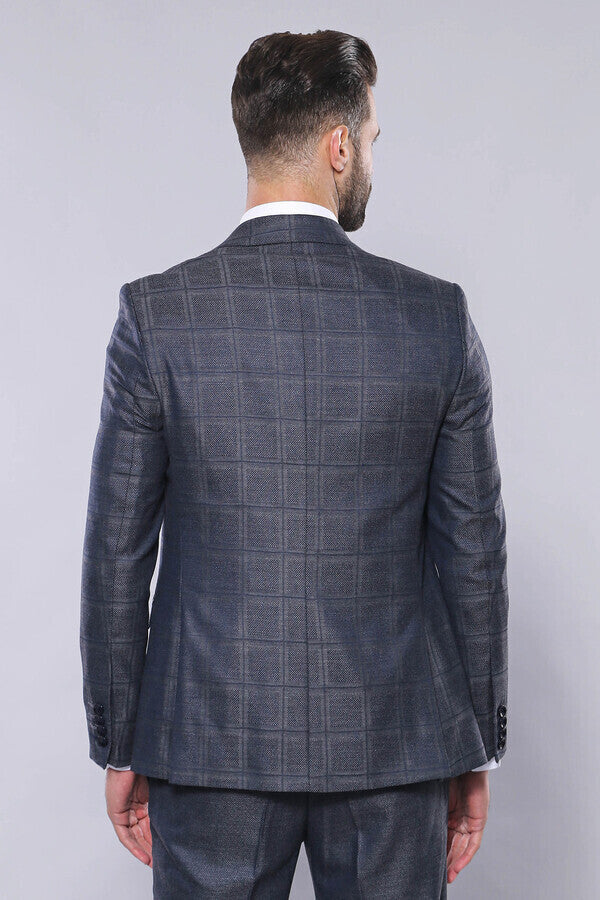 Navy Patterned Vested Suit | Wessi