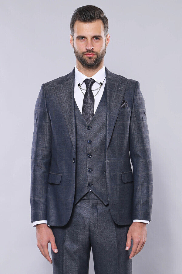 Navy Patterned Vested Suit | Wessi