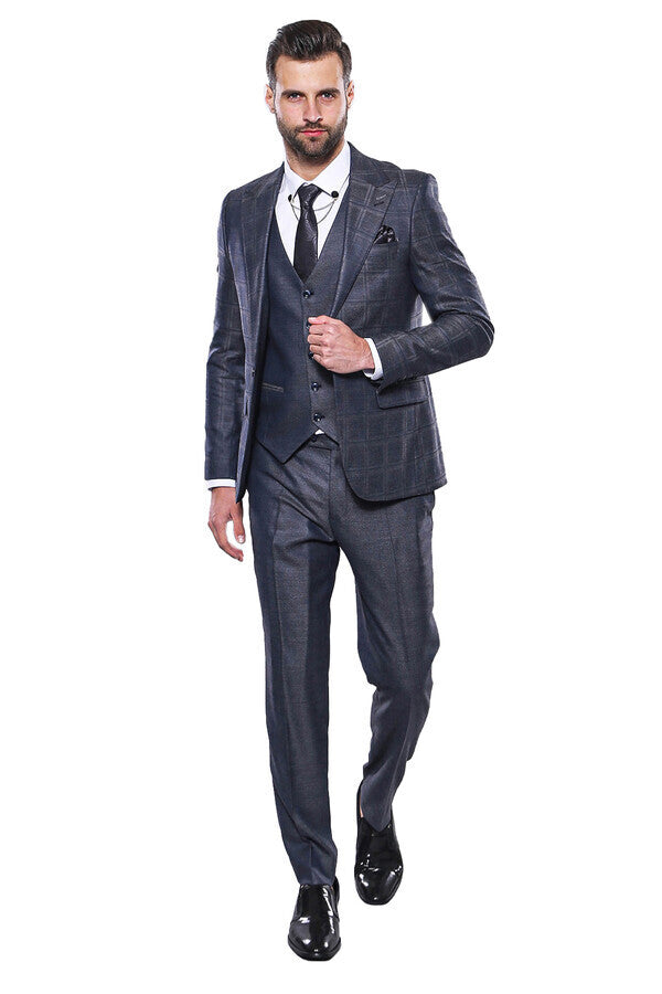 Navy Patterned Vested Suit | Wessi