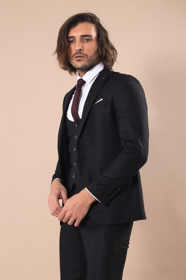 Notch Lapel Slim Fit Single Button Black Suit | Wessi