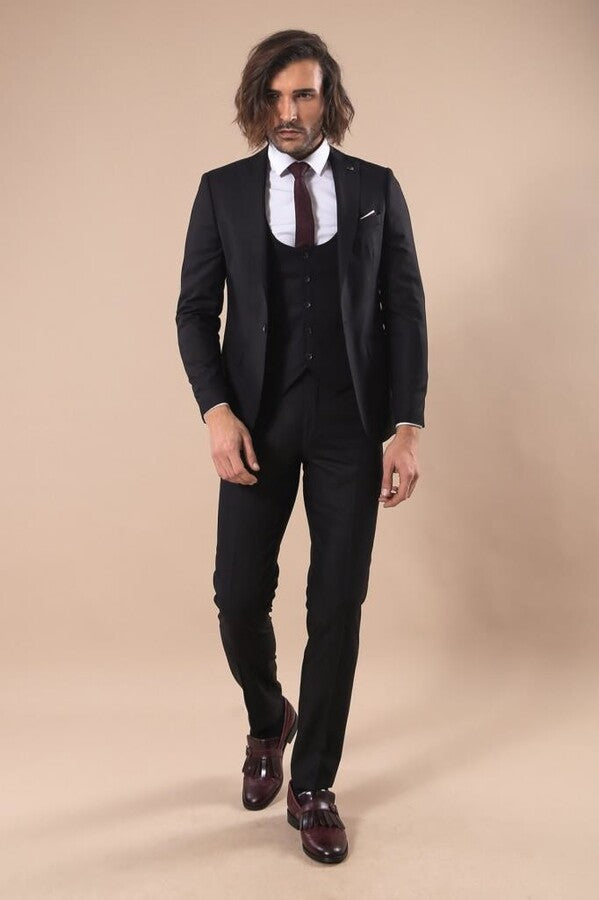 Notch Lapel Slim Fit Single Button Black Suit | Wessi