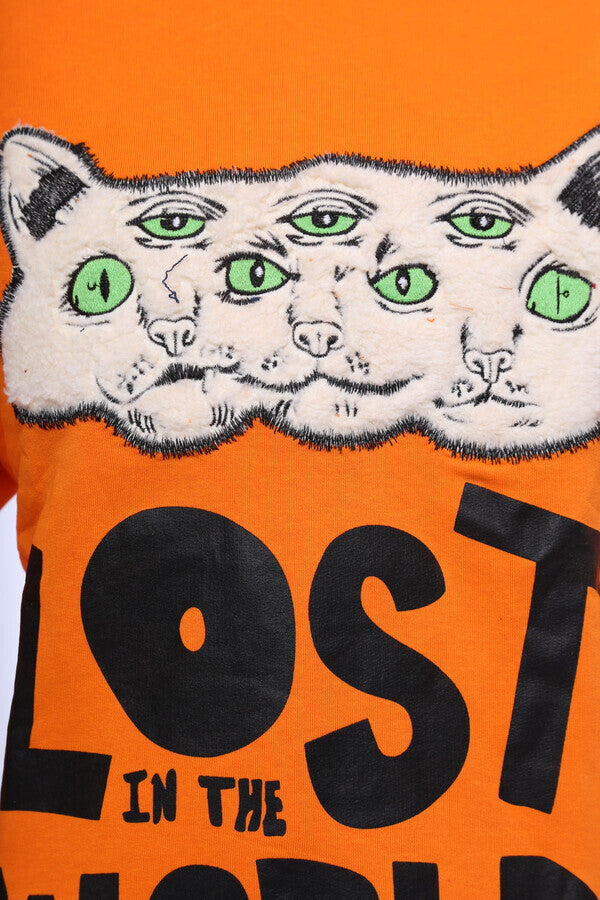 Orange Circle Neck Cat Printed Sweatshirt - Wessi