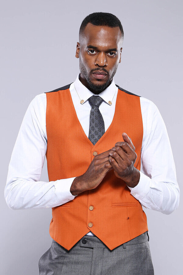 Orange Vested Checked Grey Men Suit - Wessi