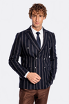 Wide Lapel Striped Double Breasted Navy Blue Men Blazer - Wessi