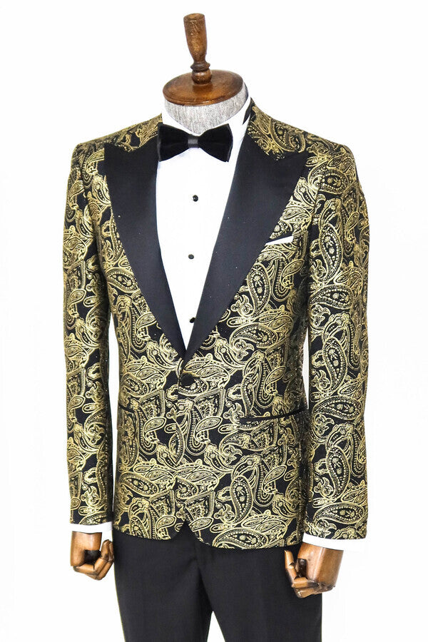 Blazer de fiesta para hombre con solapa de pico y estampado de cachemira en color negro - Wessi