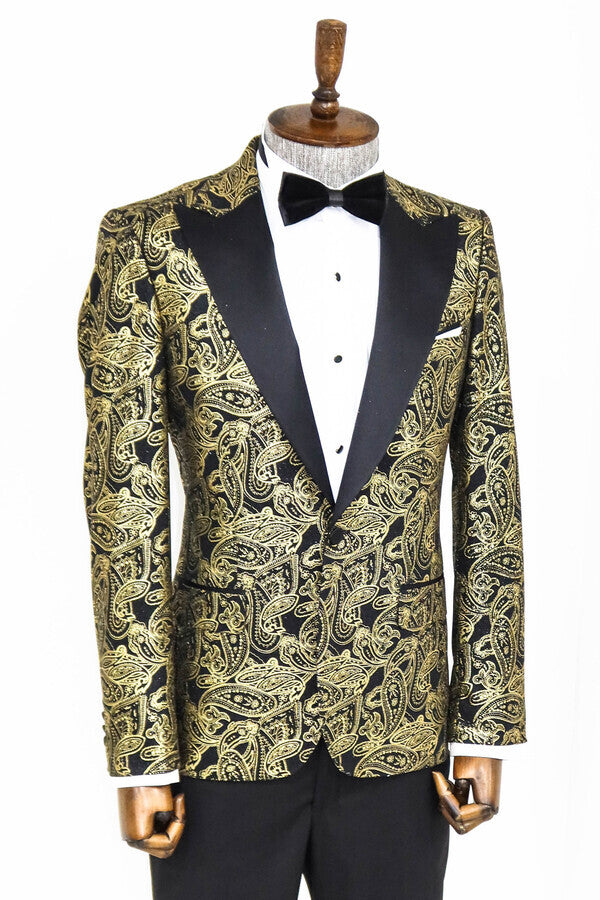 Blazer de fiesta para hombre con solapa de pico y estampado de cachemira en color negro - Wessi