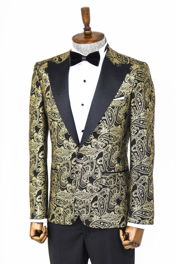 Blazer de fiesta para hombre con solapa de pico y estampado de cachemira en color negro - Wessi