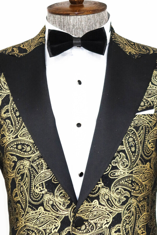 Blazer de fiesta para hombre con solapa de pico y estampado de cachemira en color negro - Wessi