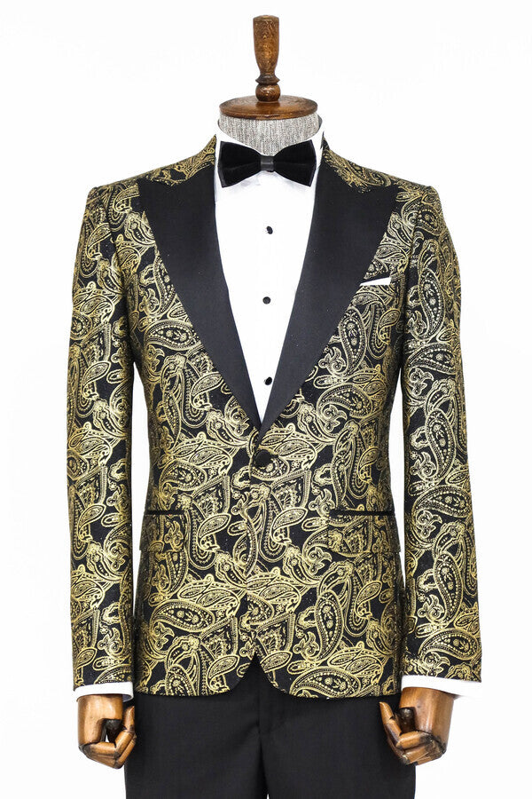 Blazer de fiesta para hombre con solapa de pico y estampado de cachemira en color negro - Wessi