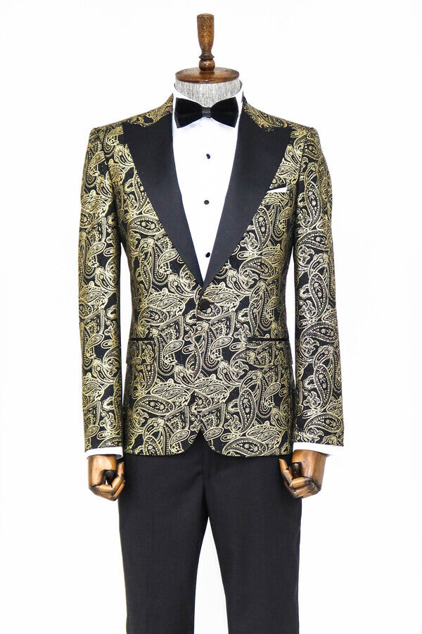 Blazer de fiesta para hombre con solapa de pico y estampado de cachemira en color negro - Wessi