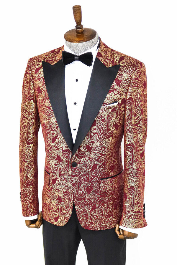 Paisley Peak Lapel Burgundy Men Prom Blazer - Wessi