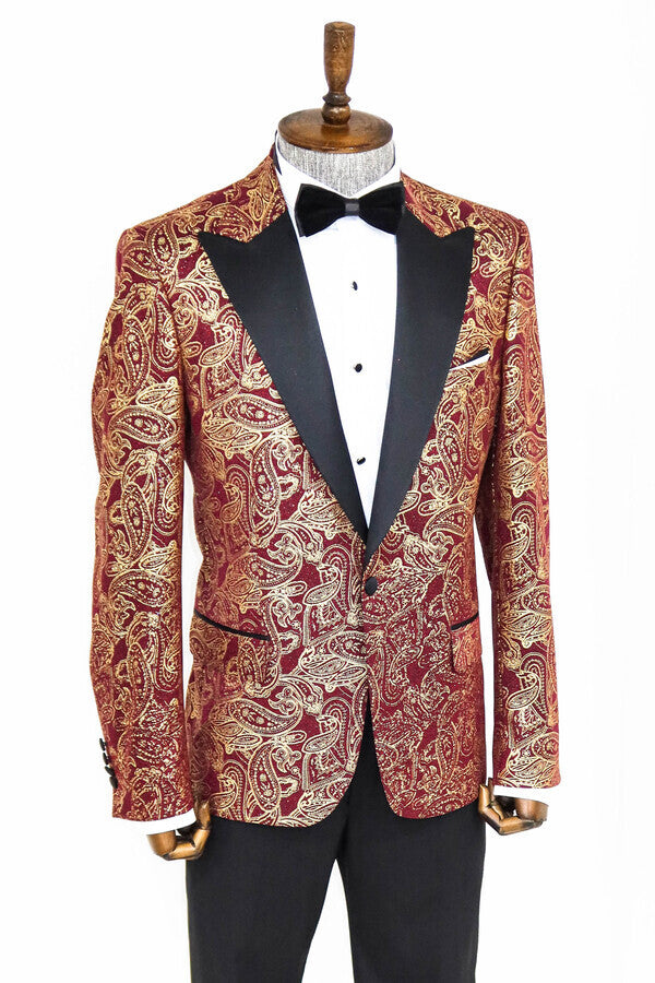 Paisley Peak Lapel Burgundy Men Prom Blazer - Wessi