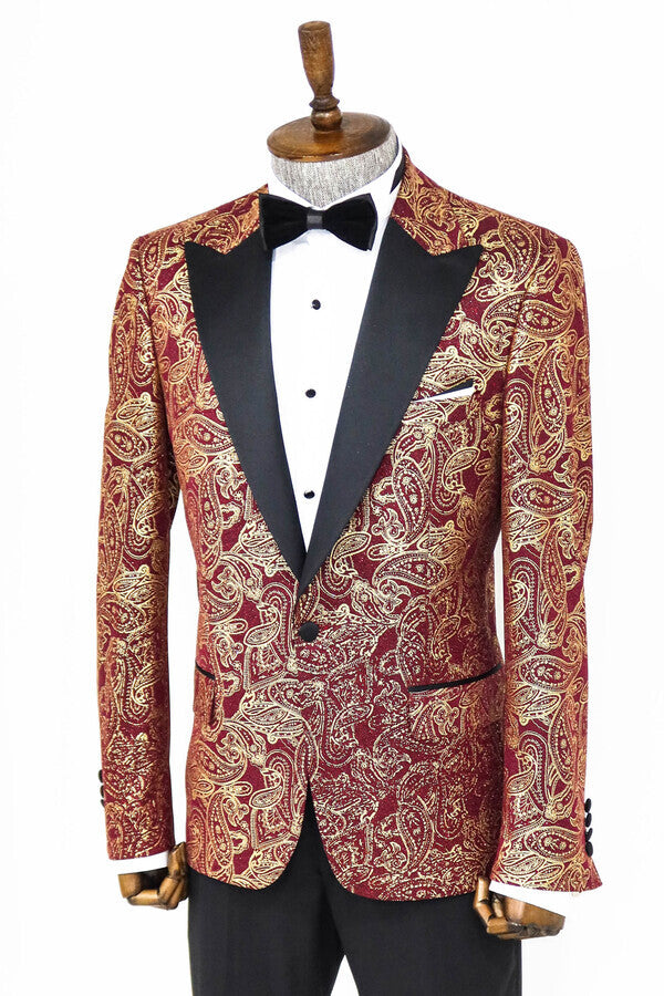 Paisley Peak Lapel Burgundy Men Prom Blazer - Wessi