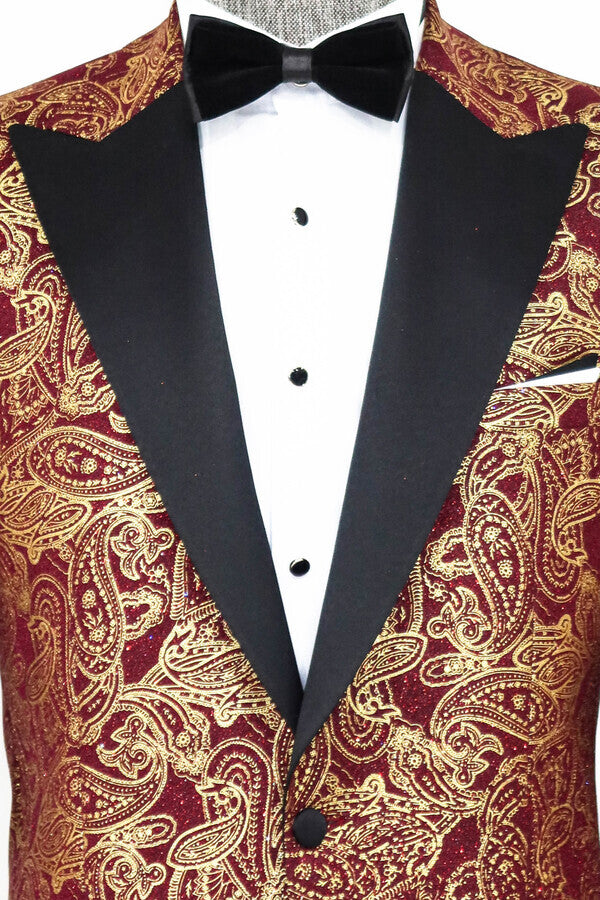 Paisley Peak Lapel Burgundy Men Prom Blazer - Wessi