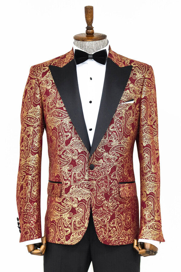 Paisley Peak Lapel Burgundy Men Prom Blazer - Wessi