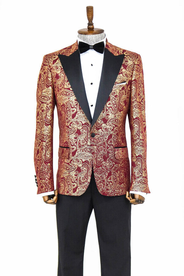 Paisley Peak Lapel Burgundy Men Prom Blazer - Wessi