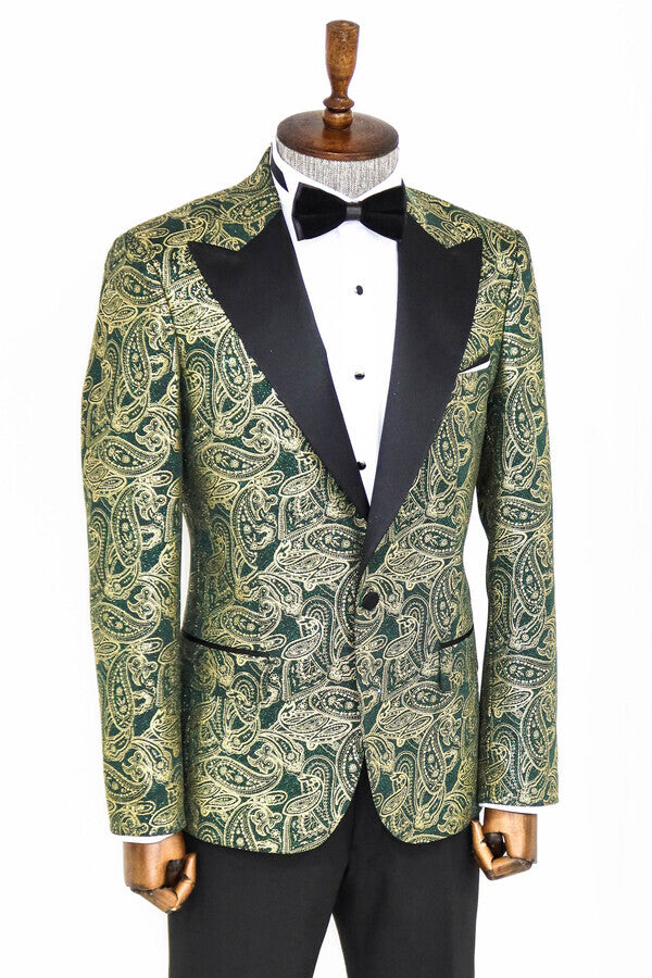 Paisley Peak Lapel Green Men Prom Blazer - Wessi