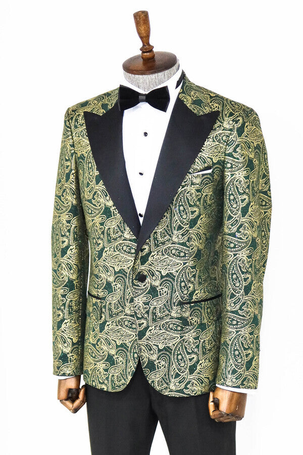 Blazer de fiesta para hombre con solapa de pico y estampado de cachemira en color verde - Wessi