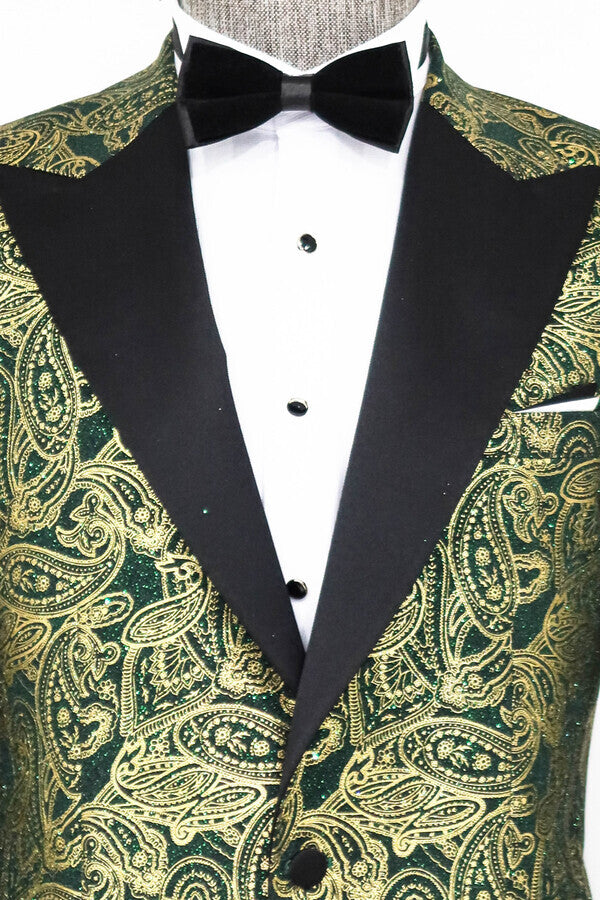 Blazer de fiesta para hombre con solapa de pico y estampado de cachemira en color verde - Wessi