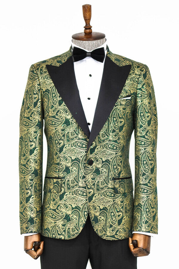 Paisley Peak Lapel Green Men Prom Blazer - Wessi