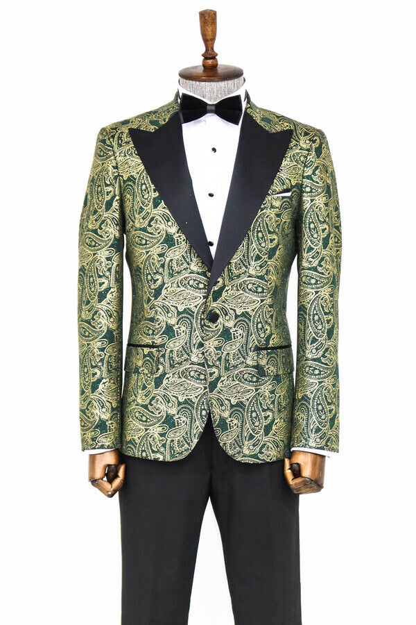 Paisley Peak Lapel Green Men Prom Blazer - Wessi