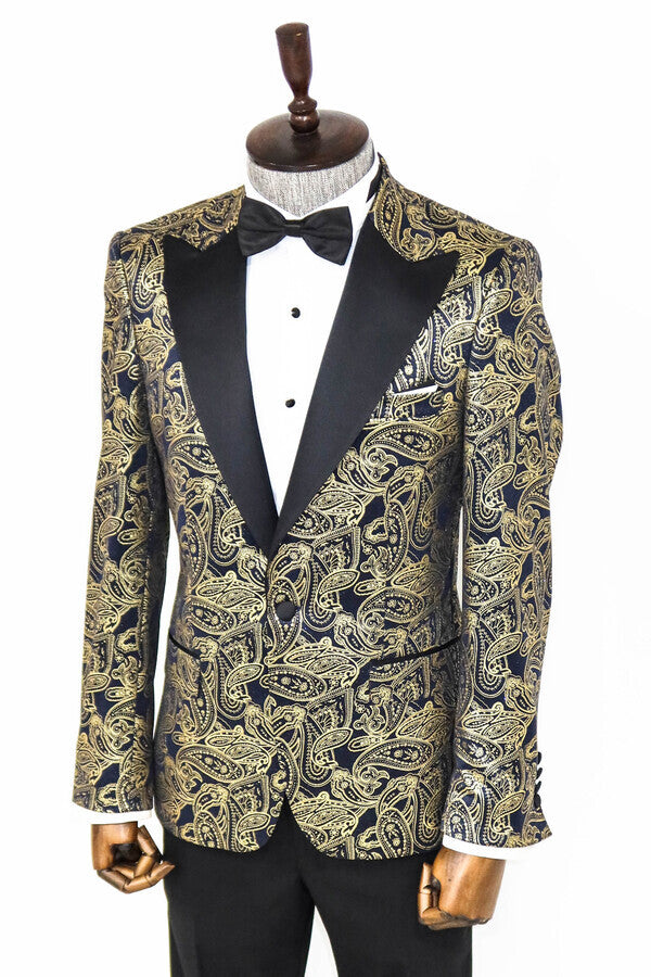 Paisley Peak Lapel Navy Blue Men Prom Blazer - Wessi