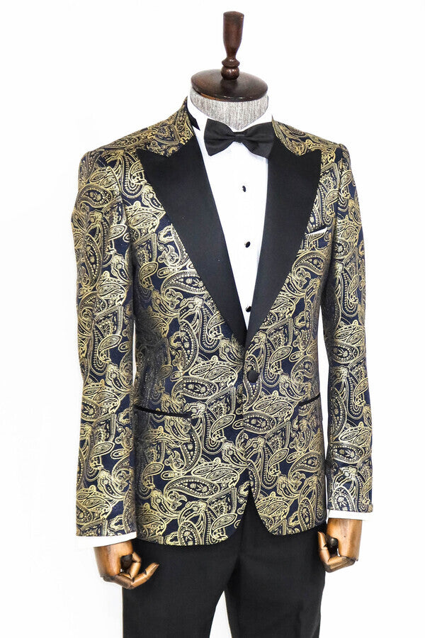 Blazer de fiesta azul marino con solapa de pico y estampado de cachemira para hombre - Wessi