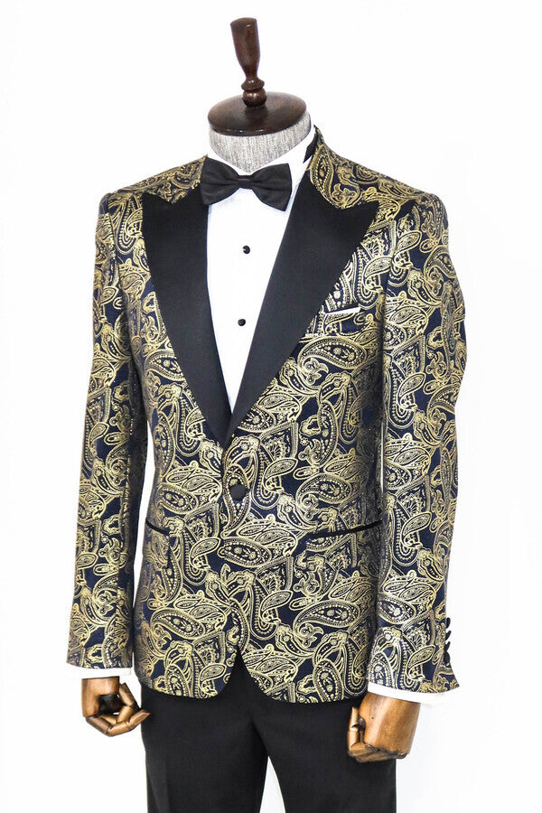 Blazer de fiesta azul marino con solapa de pico y estampado de cachemira para hombre - Wessi