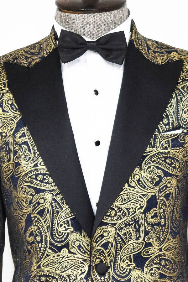 Blazer de fiesta azul marino con solapa de pico y estampado de cachemira para hombre - Wessi