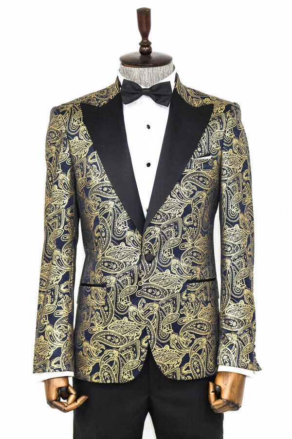 Blazer de fiesta azul marino con solapa de pico y estampado de cachemira para hombre - Wessi