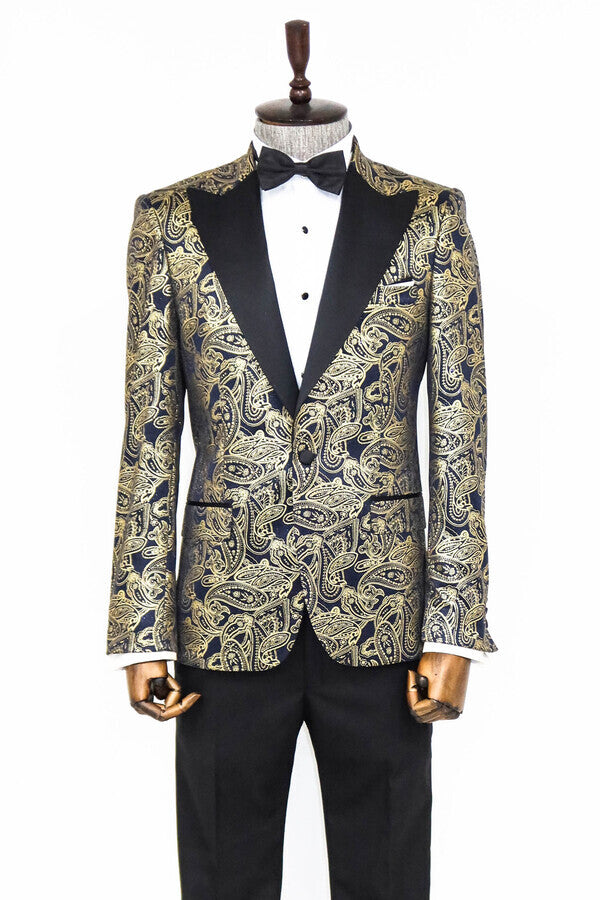 Blazer de fiesta azul marino con solapa de pico y estampado de cachemira para hombre - Wessi