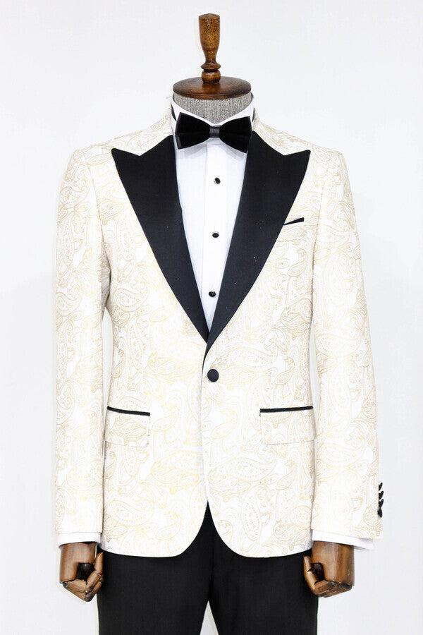 Blazer de fiesta para hombre blanco con solapa de pico y estampado de cachemira - Wessi