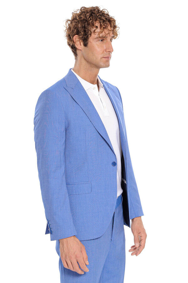 Patterned 2 Piece Slim Fit Light Blue Men Suit - Wessi