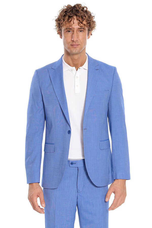 Patterned 2 Piece Slim Fit Light Blue Men Suit - Wessi