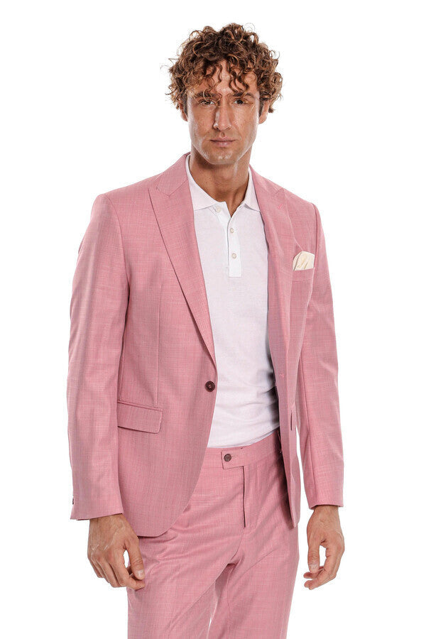 Patterned 2 Piece Slim Fit Pink Men Suit - Wessi