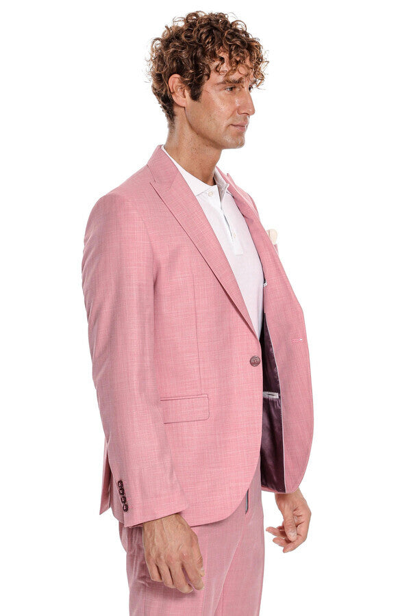 Patterned 2 Piece Slim Fit Pink Men Suit - Wessi