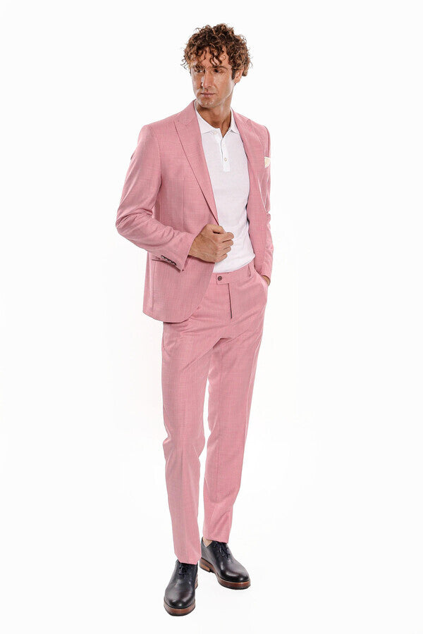 Patterned 2 Piece Slim Fit Pink Men Suit - Wessi