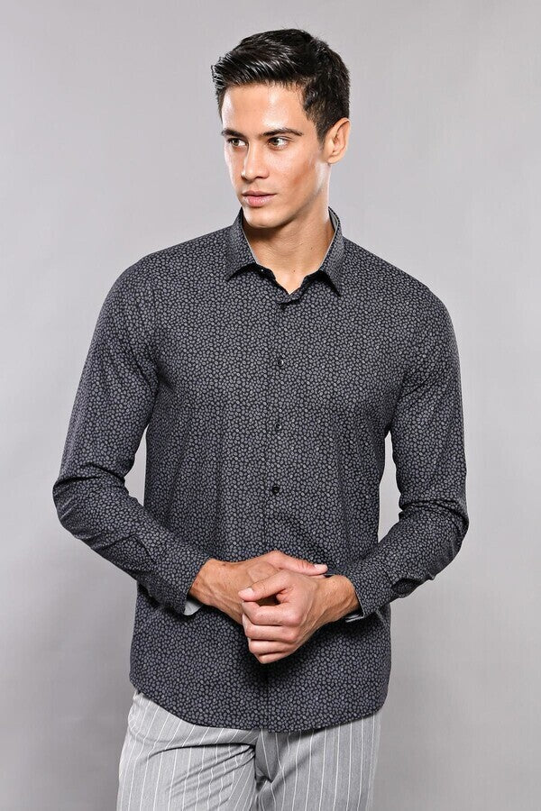 Patterned Black Long Sleeve Shirt | Wessi