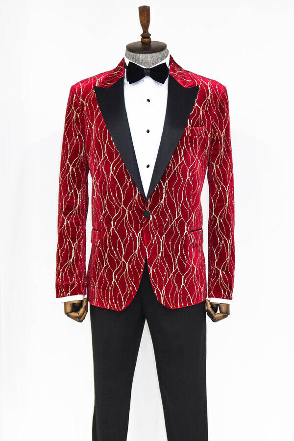 Patterned Burgundy Men Prom Blazer - Wessi