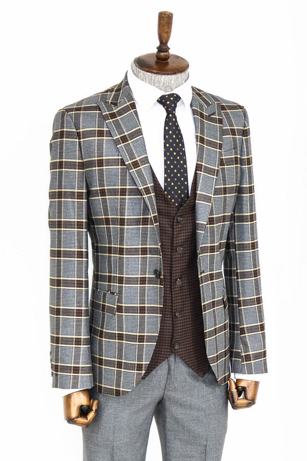 Patterned Checked Slim Fit Anthracite Men Suit - Wessi