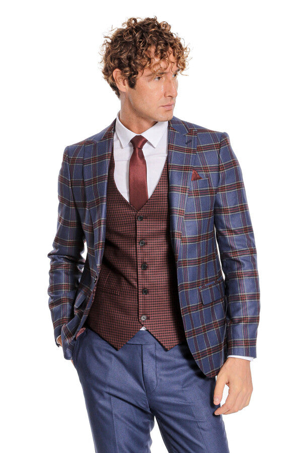 Patterned Checked Slim Fit Blue Men Suit - Wessi