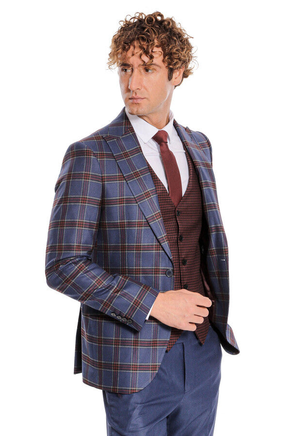 Patterned Checked Slim Fit Blue Men Suit - Wessi